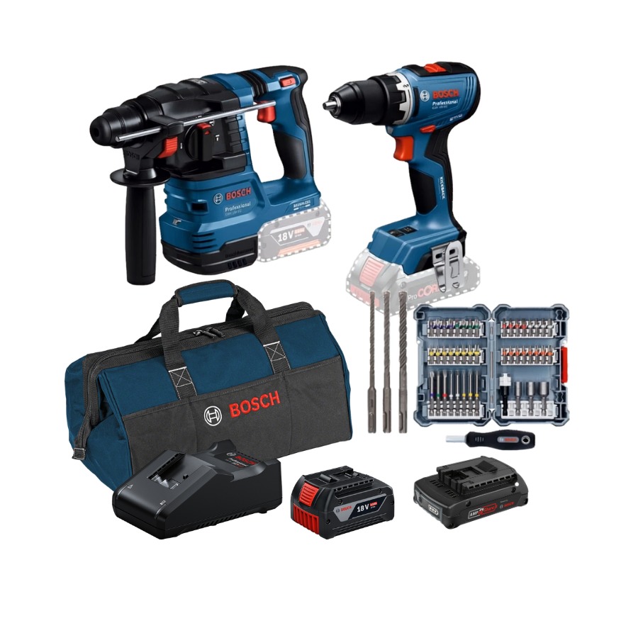 BOSCH 2 Lİ SET GBH 18V-22 1X4AH+GSR 18V-65 1X2AH +45 PARÇA VİDALAMA SETİ+3 LÜ SDS UÇ SETİ + ÇANTA