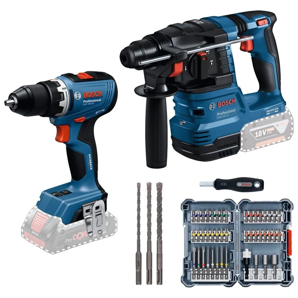 BOSCH 2 Lİ SET GBH 18V-22(SOLO)+GSR 18V-65 (SOLO)+45 PARÇA VİDALAMA SETİ+1 ADET 3LÜ SDS UÇ SETİ