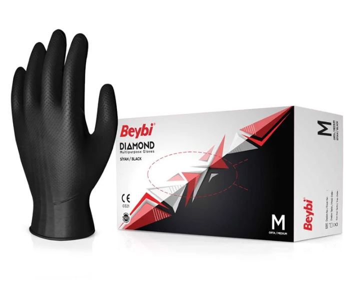 BEYBİ DIAMOND MDR TIRTIKLI NİTRİL SİYAH ELDİVEN - M ( 100'LÜ PK )