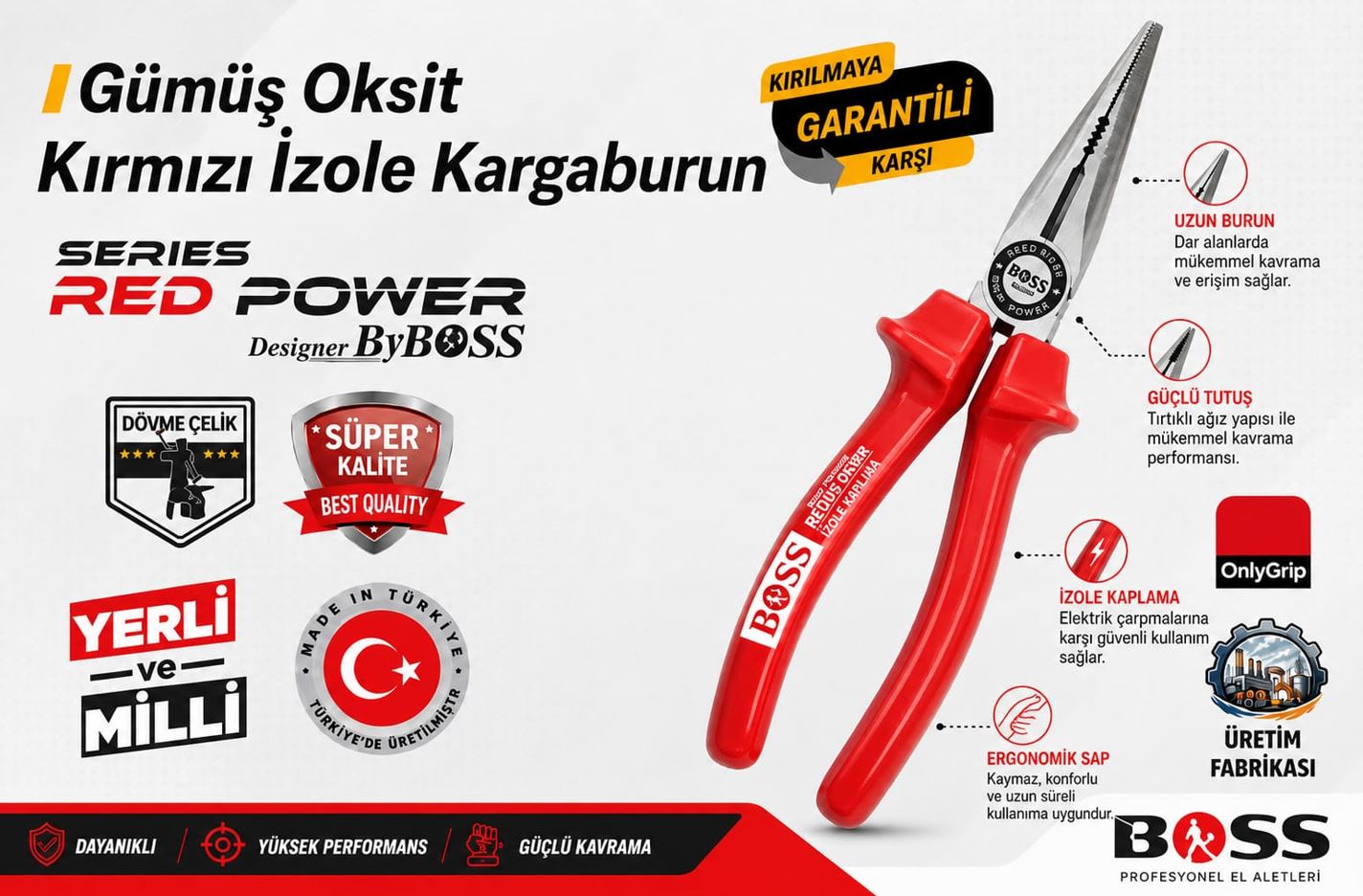 BOSS GÜMÜŞ OKSİT KIRMIZI İZOLE KARGABURUN 160MM