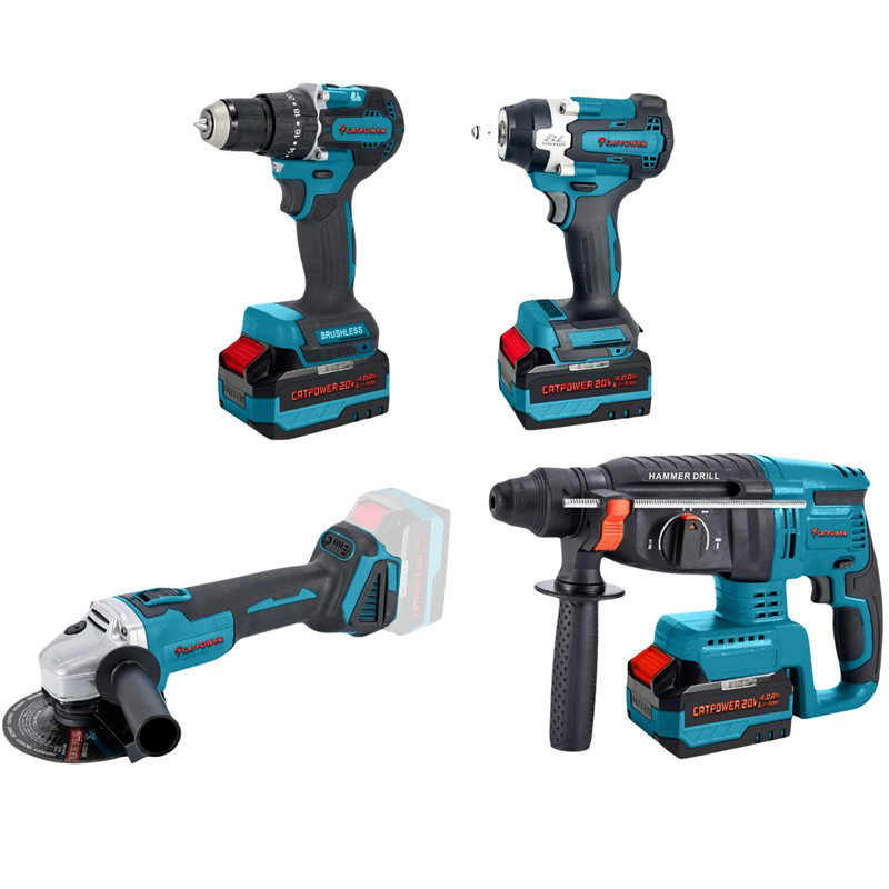 CATPOWER KÖMÜRSÜZ AKÜLÜ 4'LÜ SET MATKAP, SOMUN SIKMA,KIRICI DELİCİ, AVUÇ TAŞLAMA 20V 3X4.0A