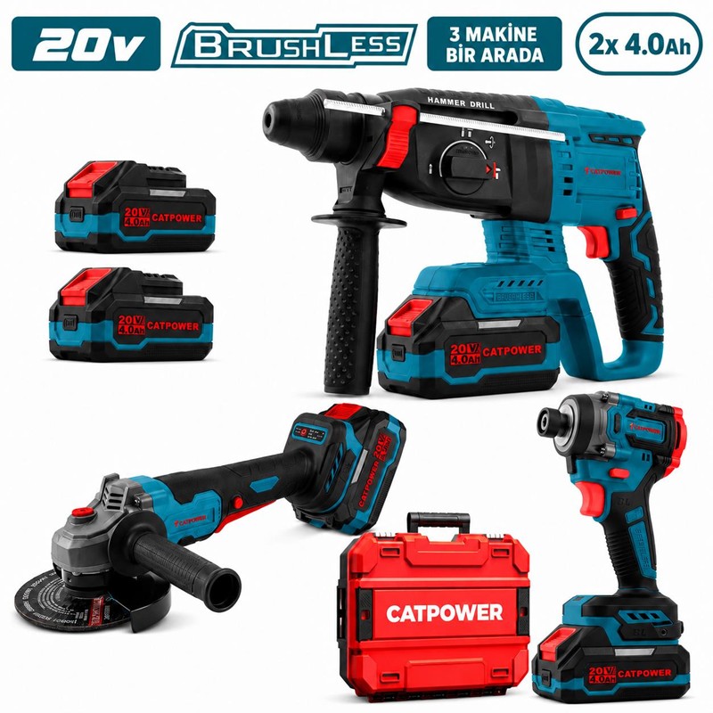 CATPOWER AKÜLÜ 3 LÜ SET TORKLU VİDALAMA, AVUÇ TAŞLAMA, KIRICI DELİCİ 20V 2X4.0AH