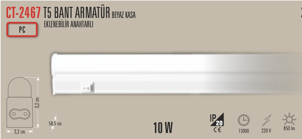 CATA 10W T5 LEDLİ BANT ARMATÜR ( BEYAZ )