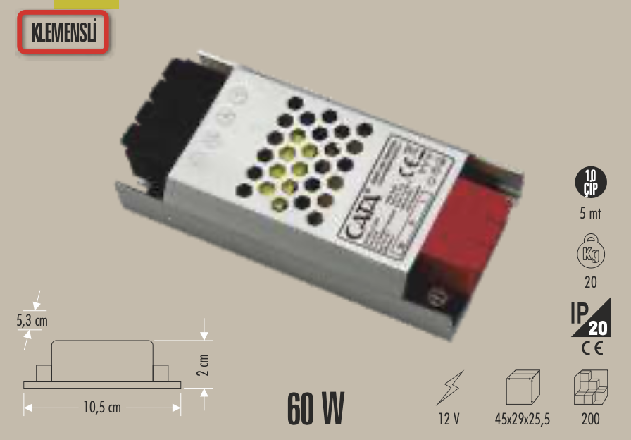 CATA 5 AMPER ŞERİT LED TRAFOSU (60W) (SÜPER SLİM FANSIZ)