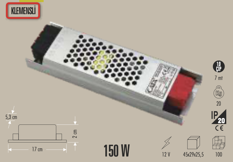 CATA 12,5 AMPER ŞERİT LED TRAFOSU (150W) (SÜPER SLİM FANSIZ)