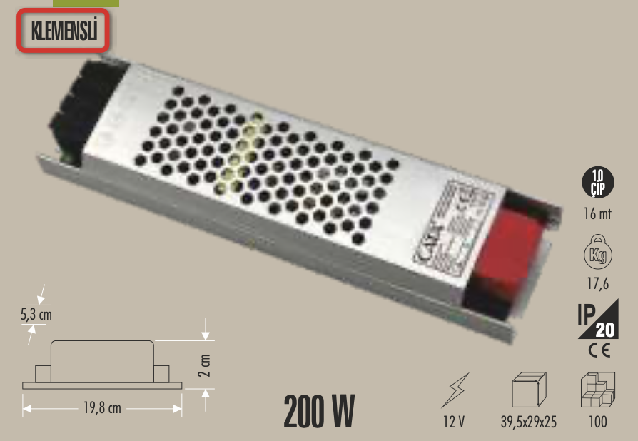 CATA 17 AMPER ŞERİT LED TRAFOSU (200W) (SÜPER SLİM FANSIZ)
