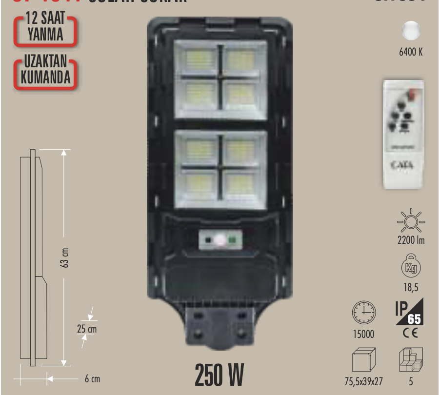 1 CATA SOLAR SOKAK ARMATÜRÜ 250W (KUMANDALI)