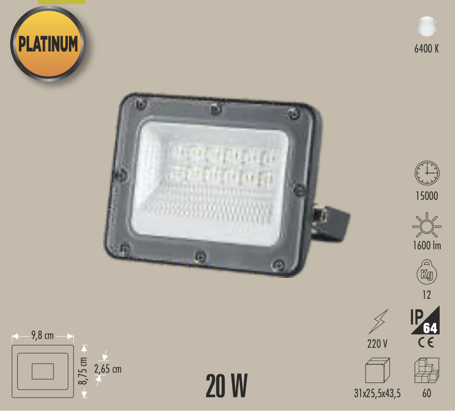 CATA 20W PLATINUM LED PROJEKTÖR (BEYAZ)