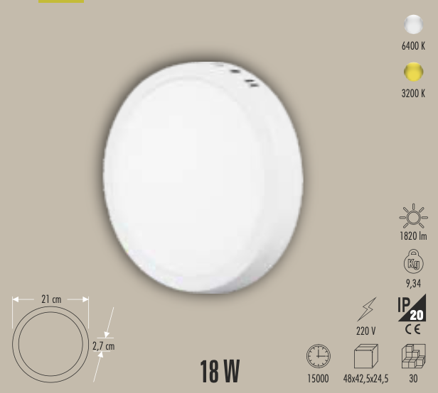 CATA 18W SIVA ÜSTÜ LED PANEL (YUVARLAK) (BEYAZ)