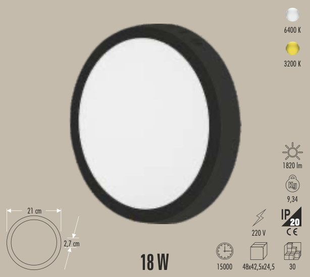 CATA 18W SIVA ÜSTÜ LED PANEL (SİYAH KASA)( 6400 K)