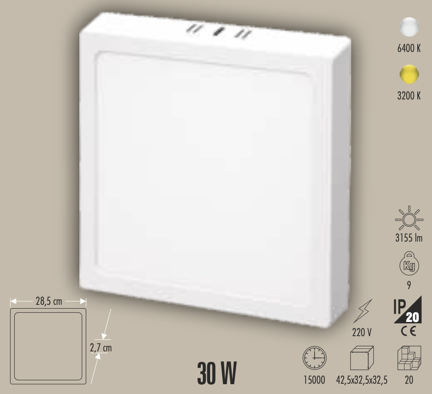 CATA 30W SIVA ÜSTÜ LED PANEL (KARE) (BEYAZ)