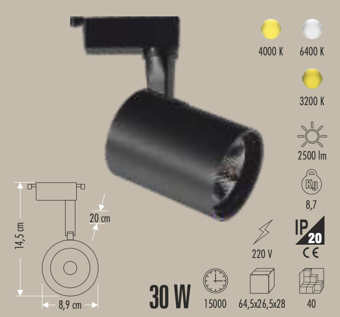 CATA 30W BABİL RAY TİPİ LED ARMATÜR (SİYAH KASA) (GÜNIŞIĞI)
