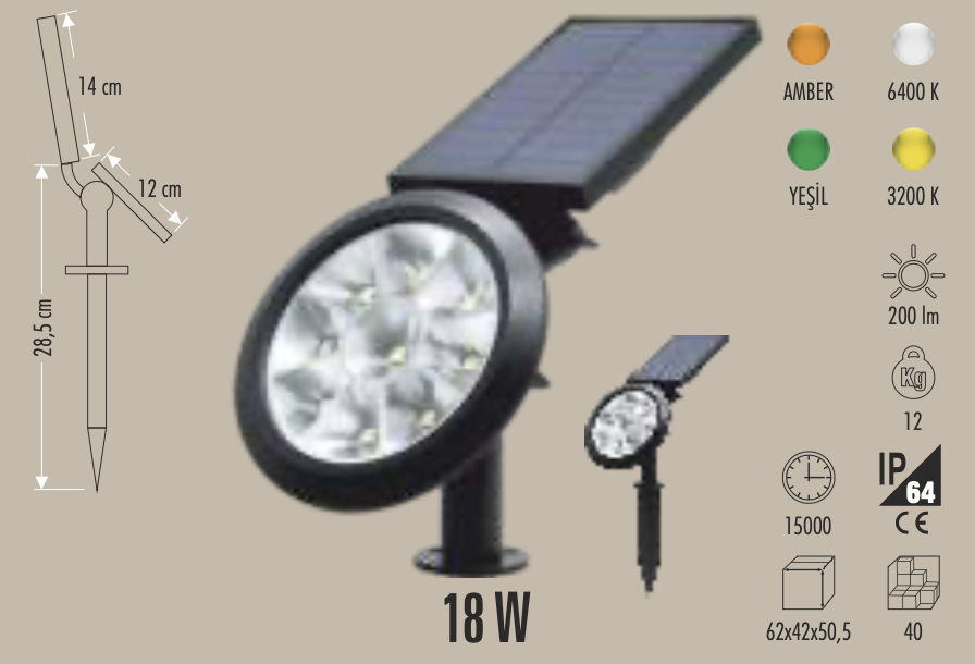 CATA 18W SOLAR BAHÇE ARMATÜRÜ (GÜNIŞIĞI)