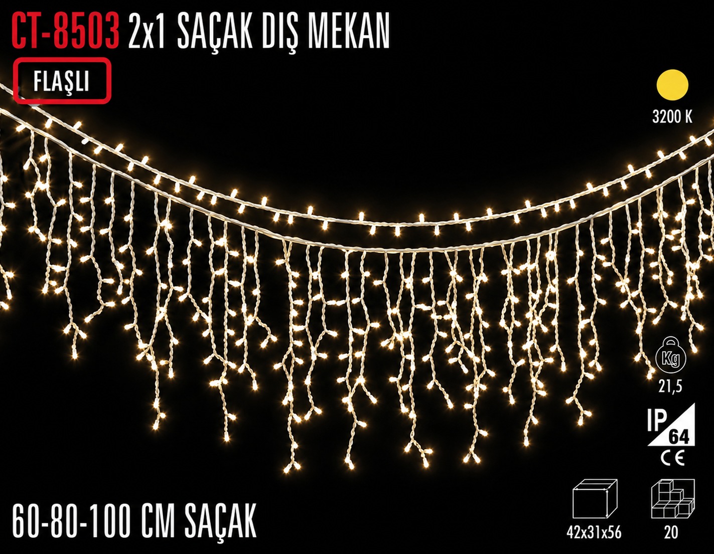 CATA 2X1 SAÇAK 152 LEDLİ DIŞ MEKAN GÜNIŞIĞI 60X80X100 CM ( IP65 FLAŞLI )