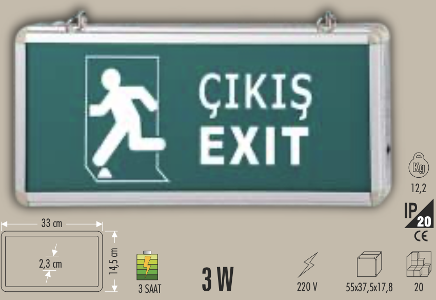 CATA 3W EXIT ÇIKIŞ ARMATÜRÜ LEDLİ 3 SAAT AKÜLÜ