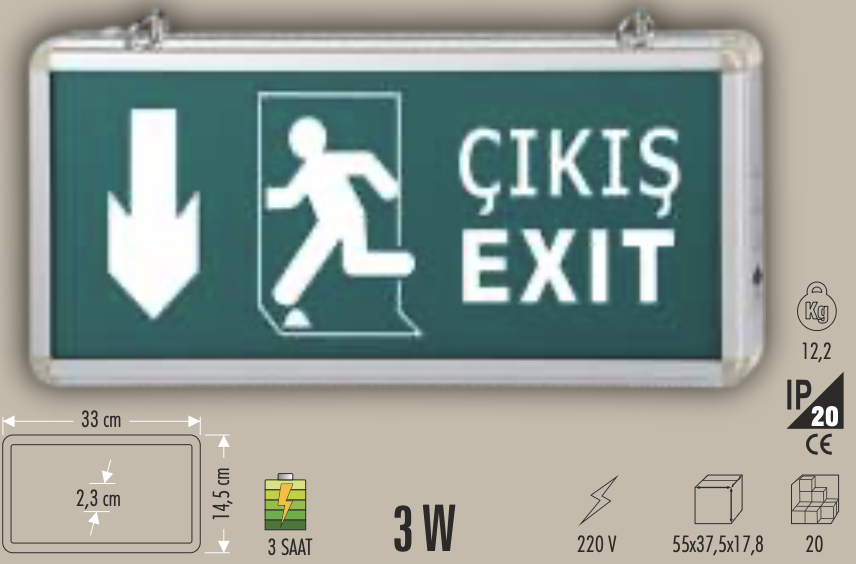 CATA 3W EXIT ÇIKIŞ ARMATÜRÜ LEDLİ 3 SAAT AKÜLÜ AŞAĞI OK