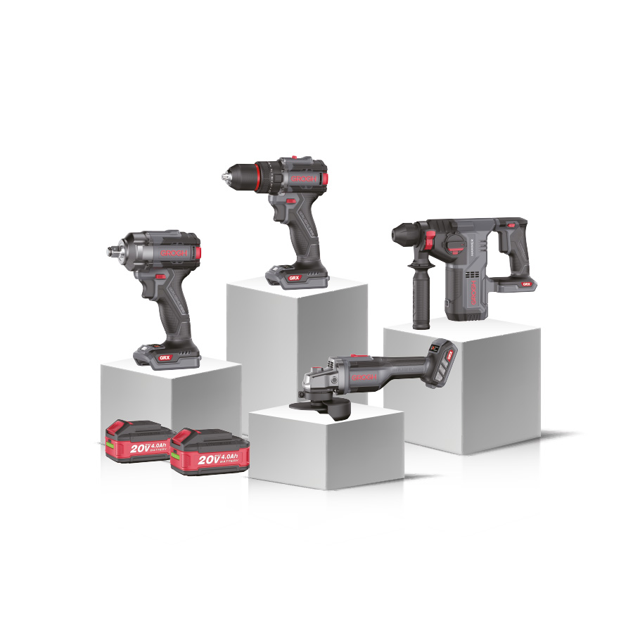 GROGH 4'LÜ COMBO SET2 DARBELİ MATKAP/SOMUN SIKMA/AVUÇ TAŞLAMA/KIRICI DELİCİ 20V 2X4.0AH