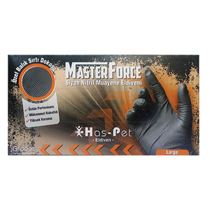 HAS-PET MASTER FORCE PUDRASIZ SİYAH TIRTIKLI NİTRİL ELDİVEN BEDEN:L (50'Lİ)