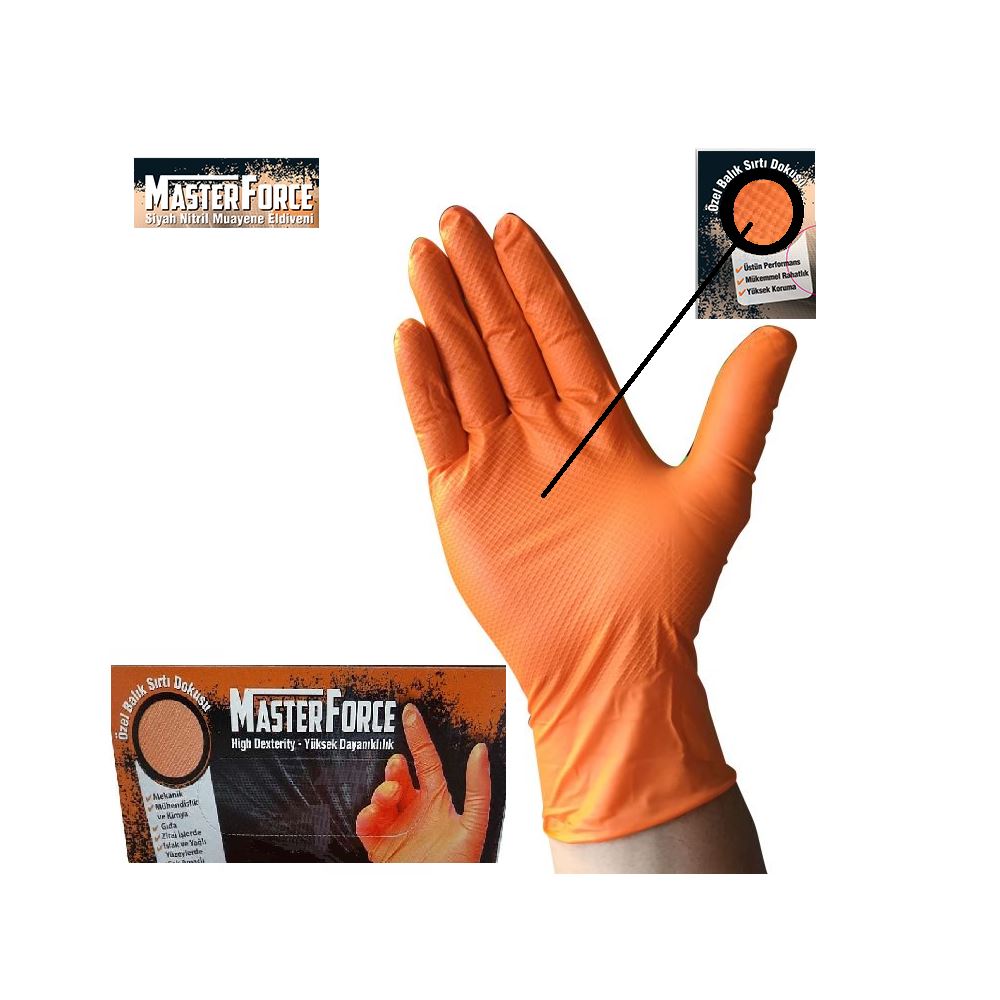 HAS-PET MASTER FORCE PUDRASIZ TURUNCU TIRTIKLI NİTRİL ELDİVEN BEDEN:M (50'Lİ)
