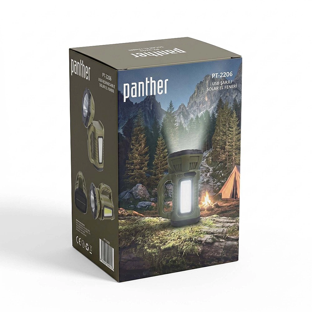 PANTHER USB ŞARJLI SOLAR EL FENERİ 3W LED 600 LM 5 IŞIK MODLU