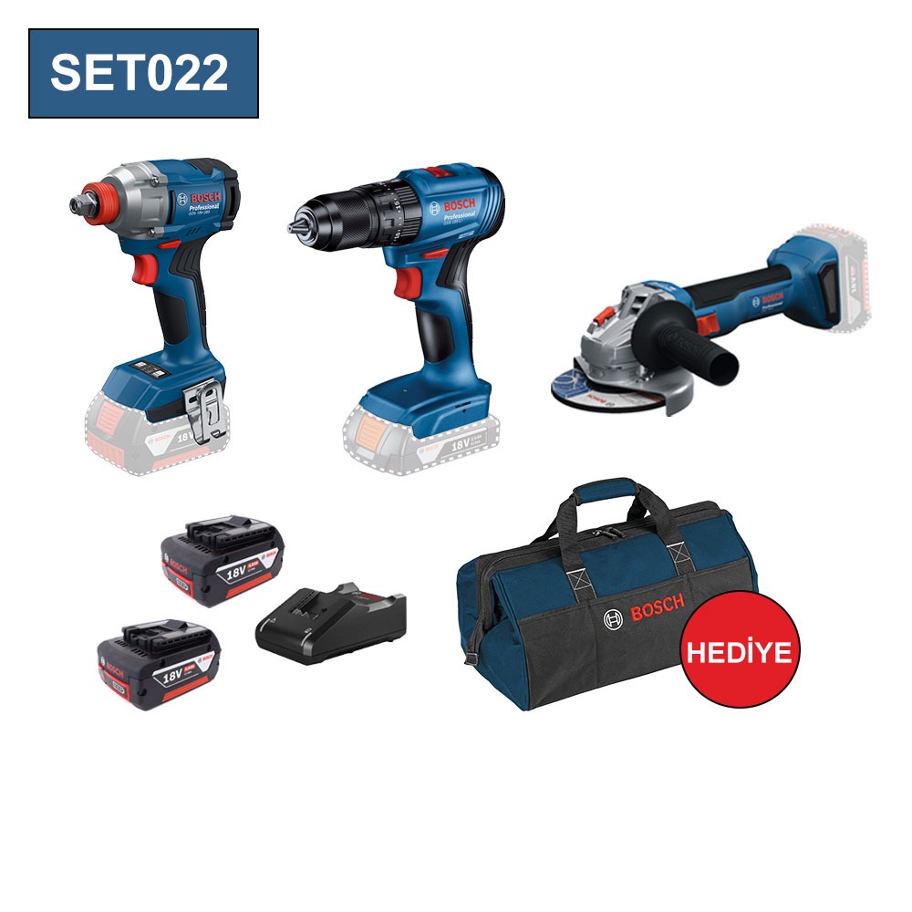 BOSCH 3 LÜ SET GDX 18V-285+GSB 185 LI+GWS 18V-8+2X5.0AH AKÜ+GAL1840 ŞARJ ALETİ+TAŞIMA ÇANTASI