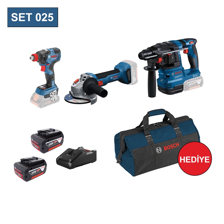 BOSCH 3 LÜ SET GDX 18V-200C+GWS 18V-8+GBH 185 LI+2X5.0AH AKÜ+GAL1840 ŞARJ ALETİ+TAŞIMA ÇANTA